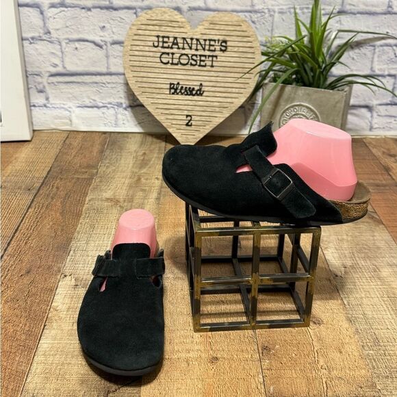 BIRKENSTOCK Boston Black Suede Leather Slides US L 8, M 6 EU 39 Soft Footbed - Picture 1 of 9